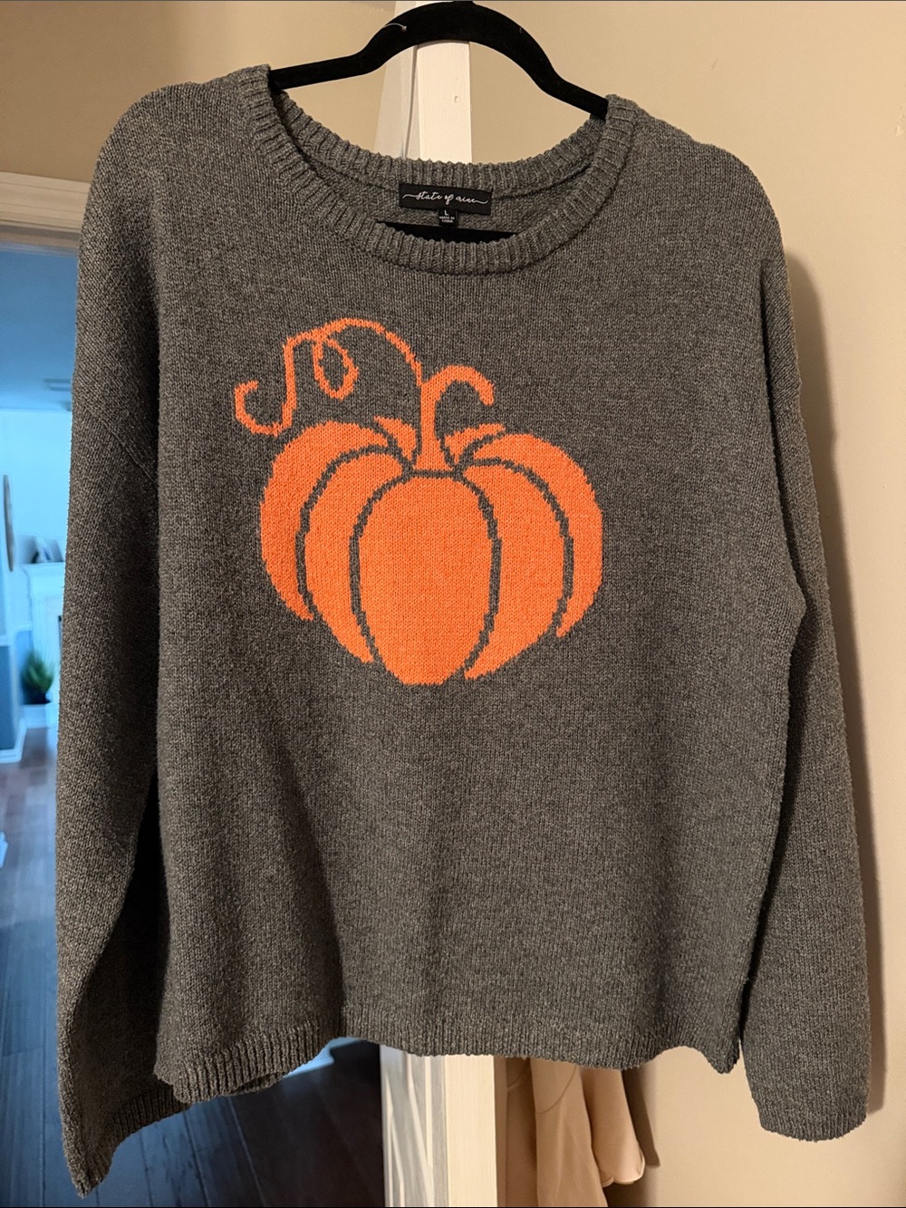 Slate Gray Crewneck Sweater with Orange Pumpkin by State of Mine